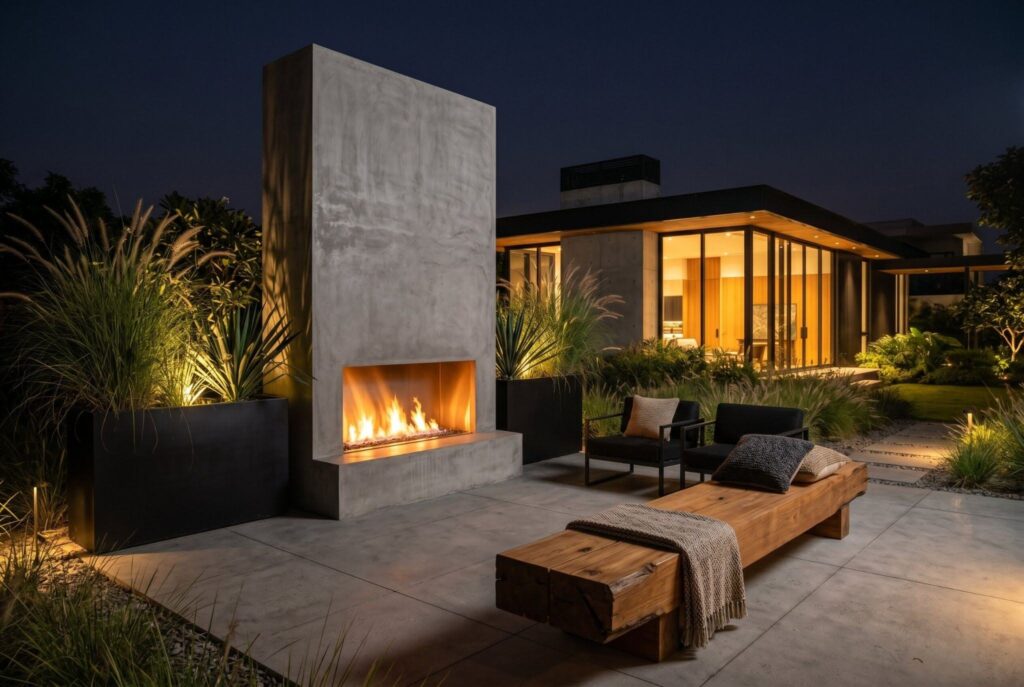 Minimalist concrete outdoor fireplace with modern patio furniture and desert landscaping.