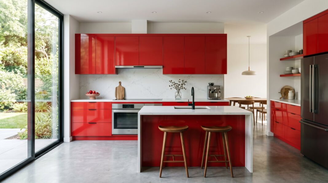 Modern kitchen with glossy red cabinets, white island, black appliances, and floor-to-ceiling garden view.