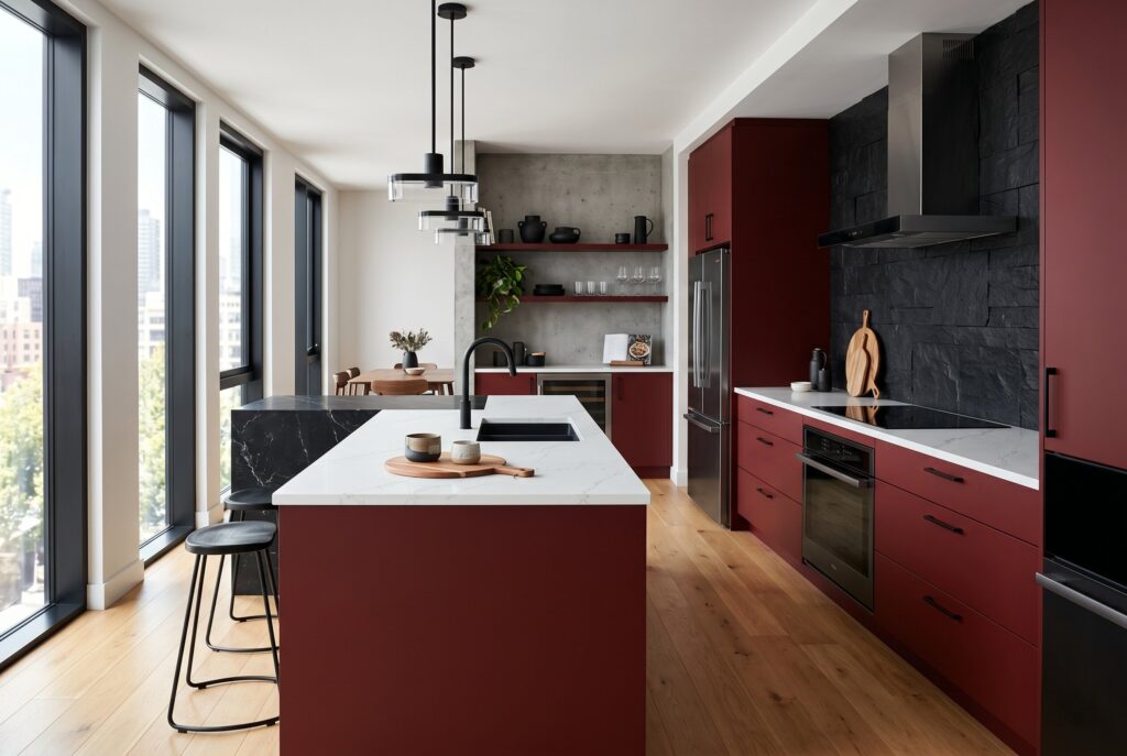 Sleek modern kitchen with dark red cabinets, black stone backsplash, and large waterfall island. 