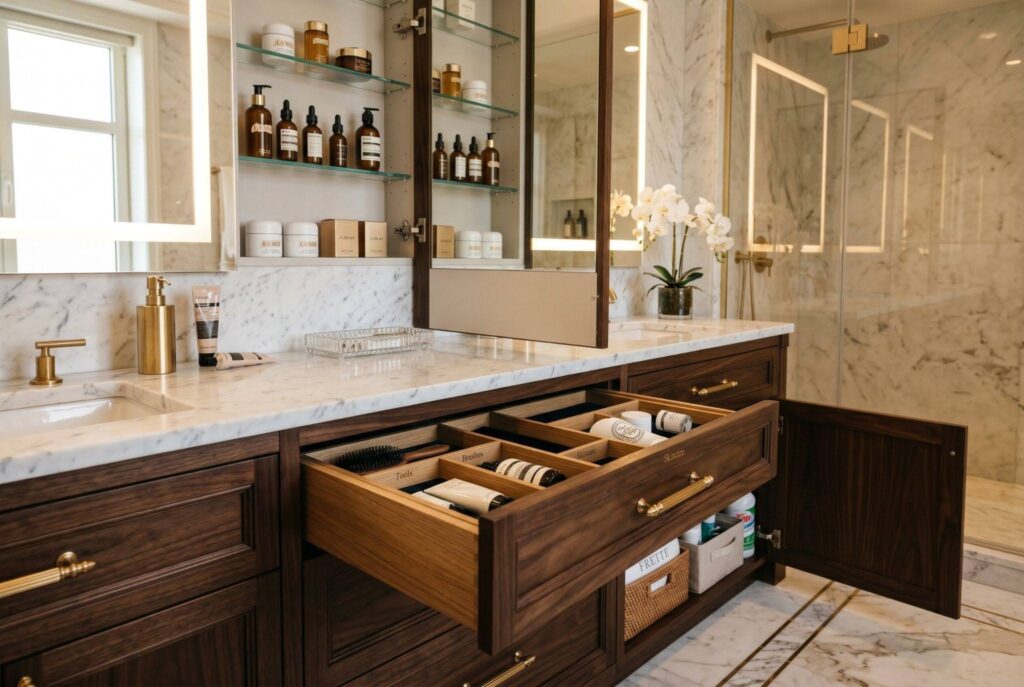 Hidden bathroom storage ideas with floating vanity drawers and recessed shelving. 