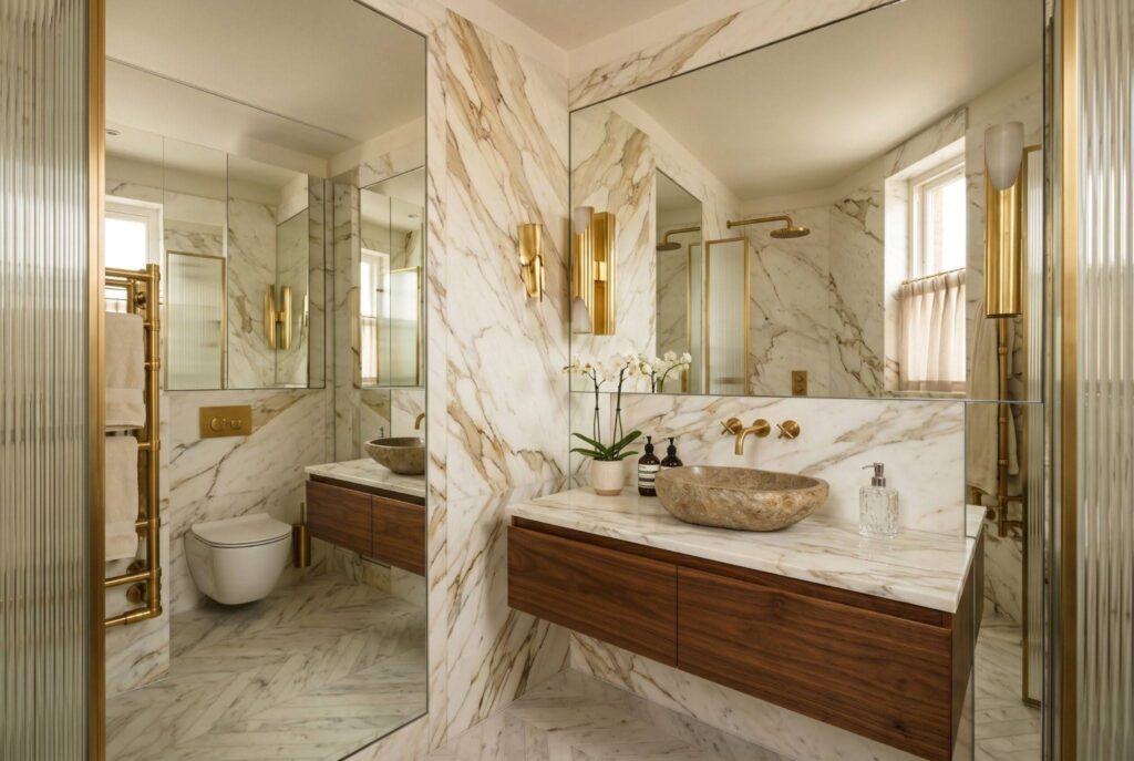 Warm neutral small bathroom paint ideas with floating wood vanity and brass accents. 