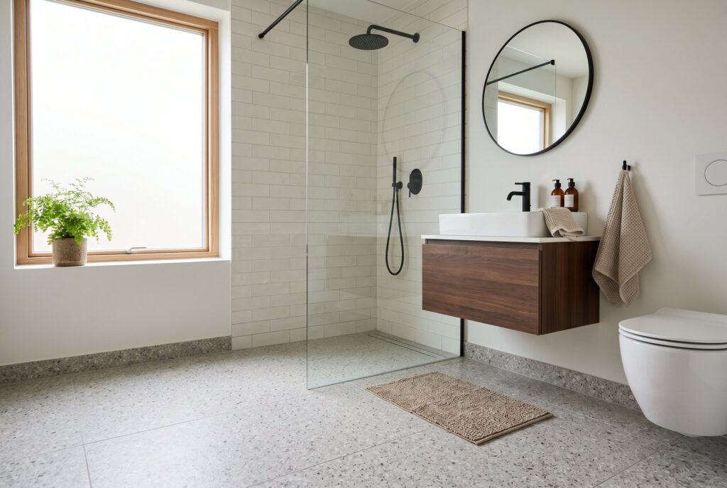 Continuous bathroom flooring ideas with frameless shower and floating vanity. 