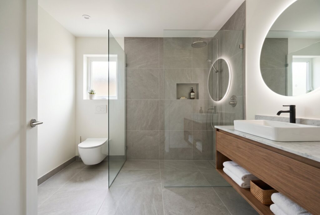 Matching bathroom floor and shower tile ideas with seamless walk in shower layout. 
