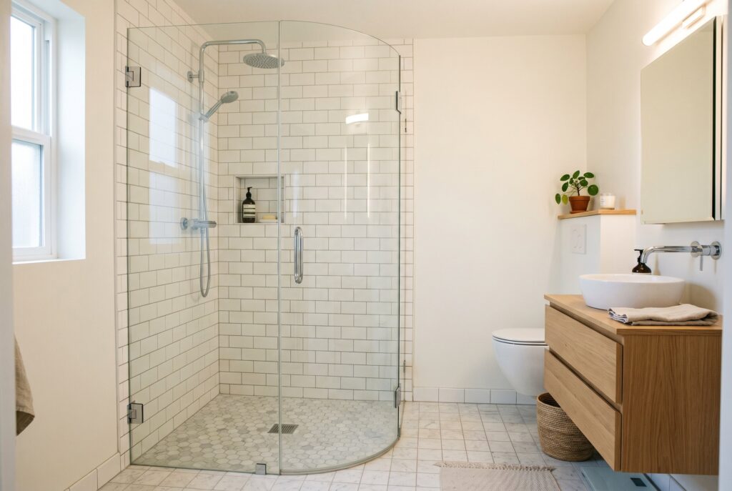 Curved glass shower screen with floating vanity and space saving bathroom design. 