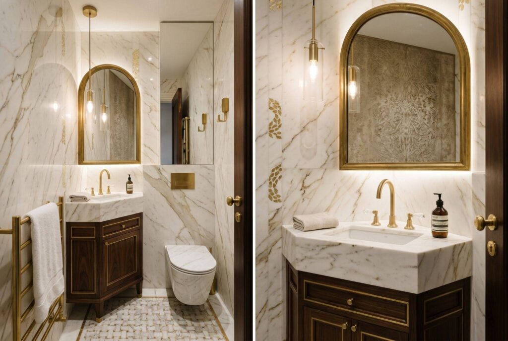 Small half bathroom ideas with corner sink and marble vanity in compact layout. 