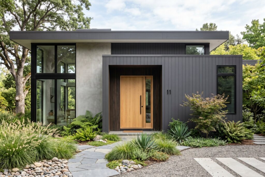 Smoky charcoal grey exterior with white oak front door and organic modern design.