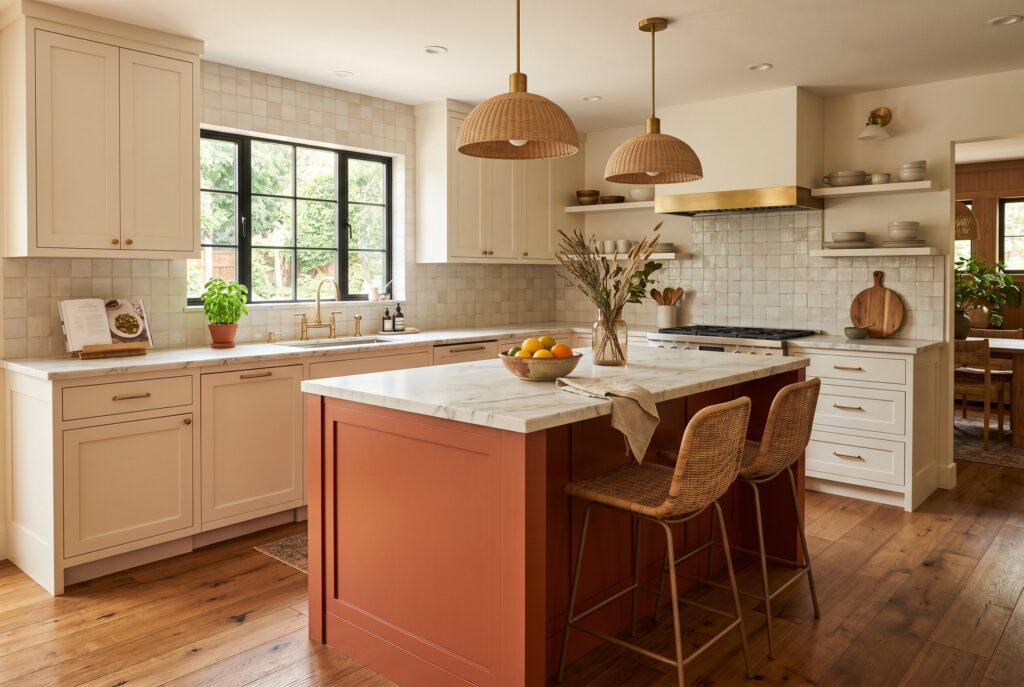 Terracotta kitchen island with warm white cabinets and woven pendant lights.