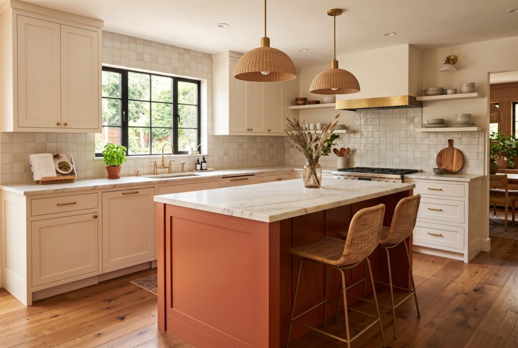 Terracotta kitchen island with warm white cabinets and woven pendant lights. 
