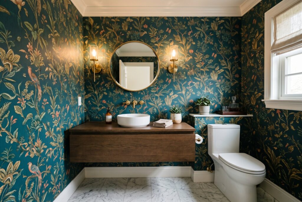 Powder room wallpaper ideas with dark floral print and floating wood vanity. 