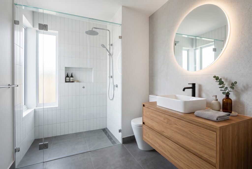 Walk in shower beside floating vanity with round mirror and modern bathroom lighting. 