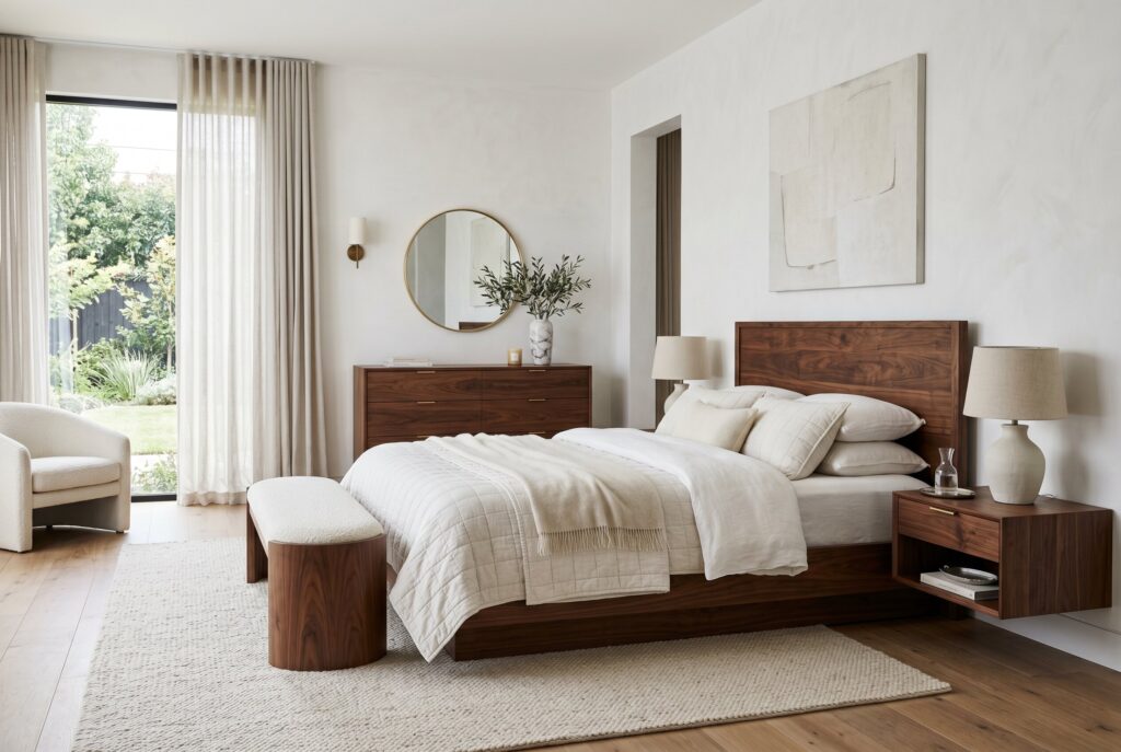 Walnut wood bedroom furniture in white bedroom with organic modern interior design.