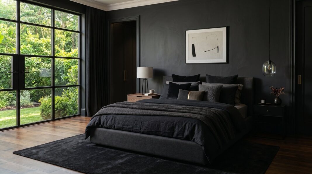 Black bedroom ideas with floor to ceiling windows and layered charcoal bedding design.