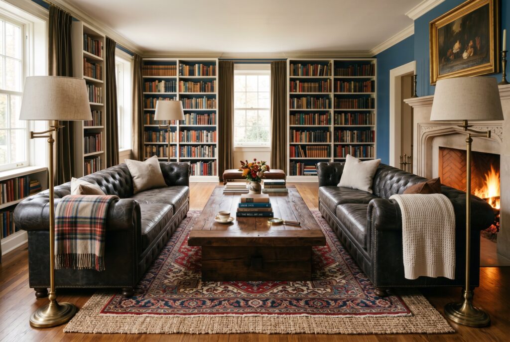 Twin sofa conversation layout with Persian rug and dark academia library styling. 