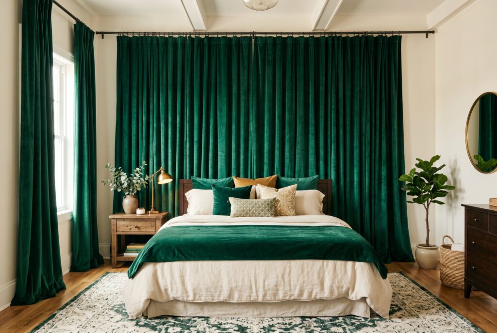 Floor to ceiling emerald green curtains behind bed with layered white and green bedding.