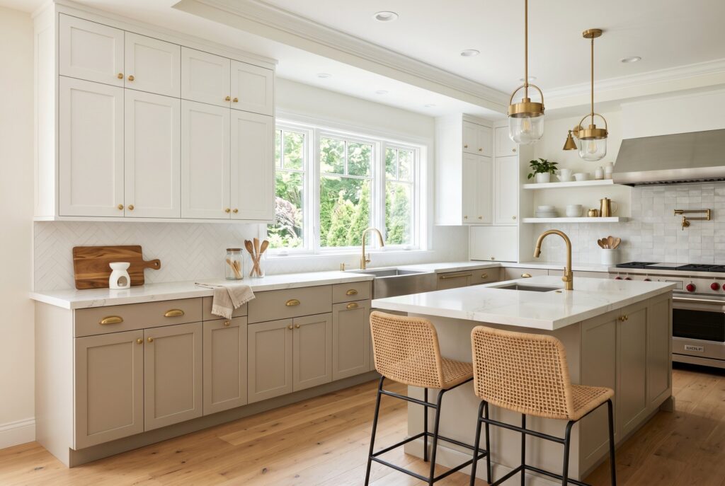 Beige lower cabinets with white uppers in a soft transitional kitchen style.