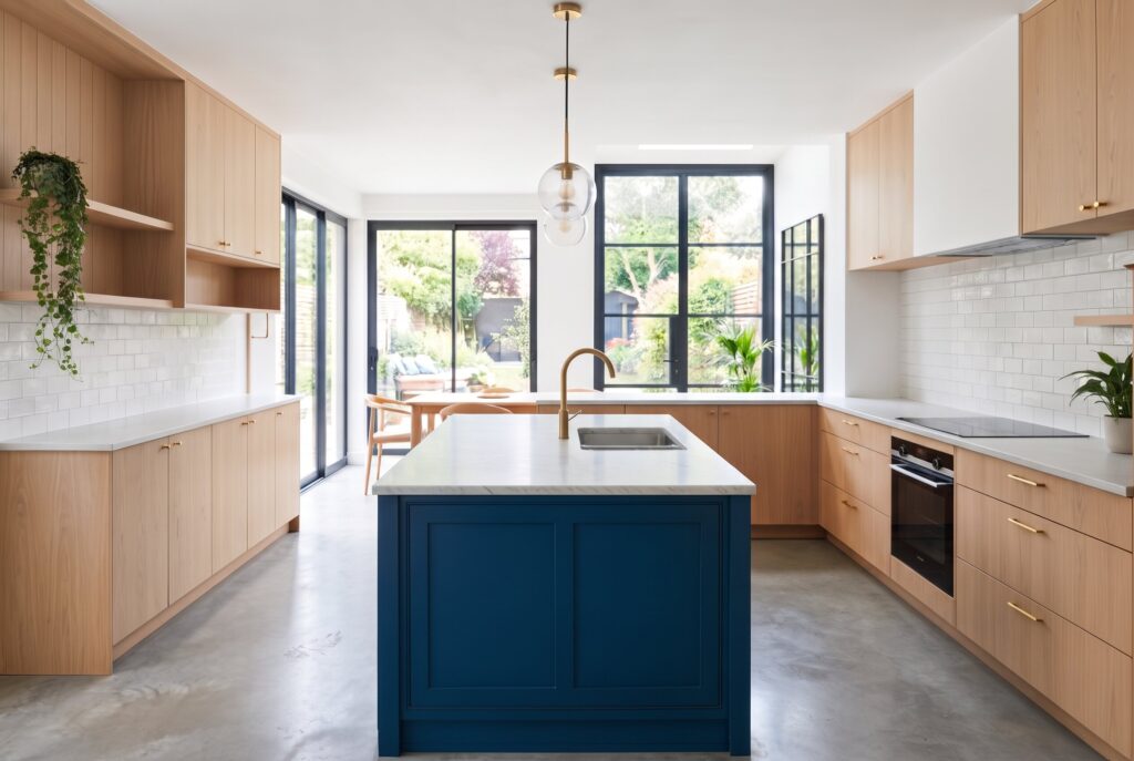 Deep blue kitchen island paired with pale oak cabinets and large black windows. 
