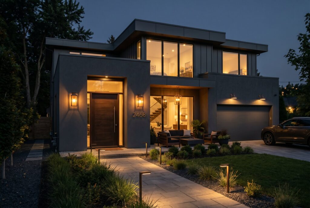 Dark grey exterior house colors with bronze lighting and modern nighttime curb appeal.
