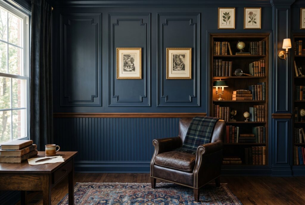 Traditional wall paneling in dark academia office with navy walls and leather reading chair.