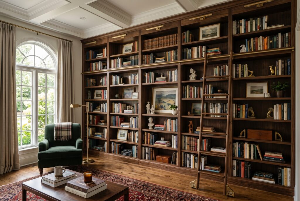 Floor to ceiling bookshelf wall with rolling ladder and dark wood library shelving. 