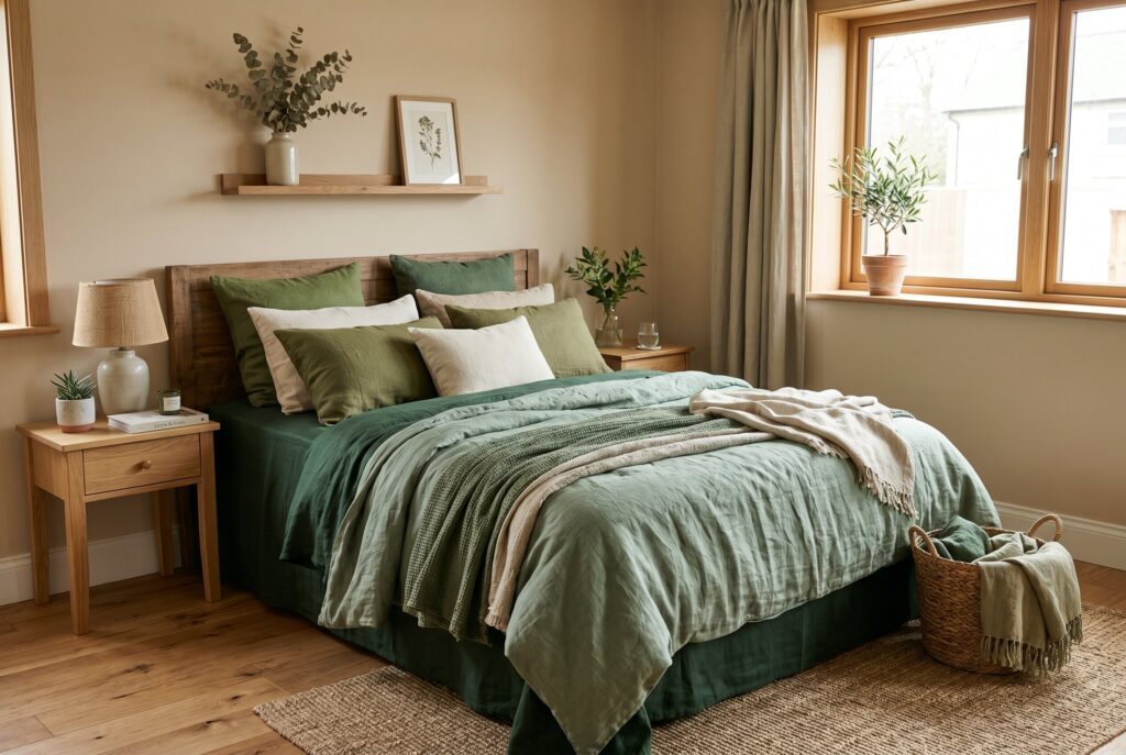 Green linen bedding on neutral walls with warm wood furniture and cozy textures.