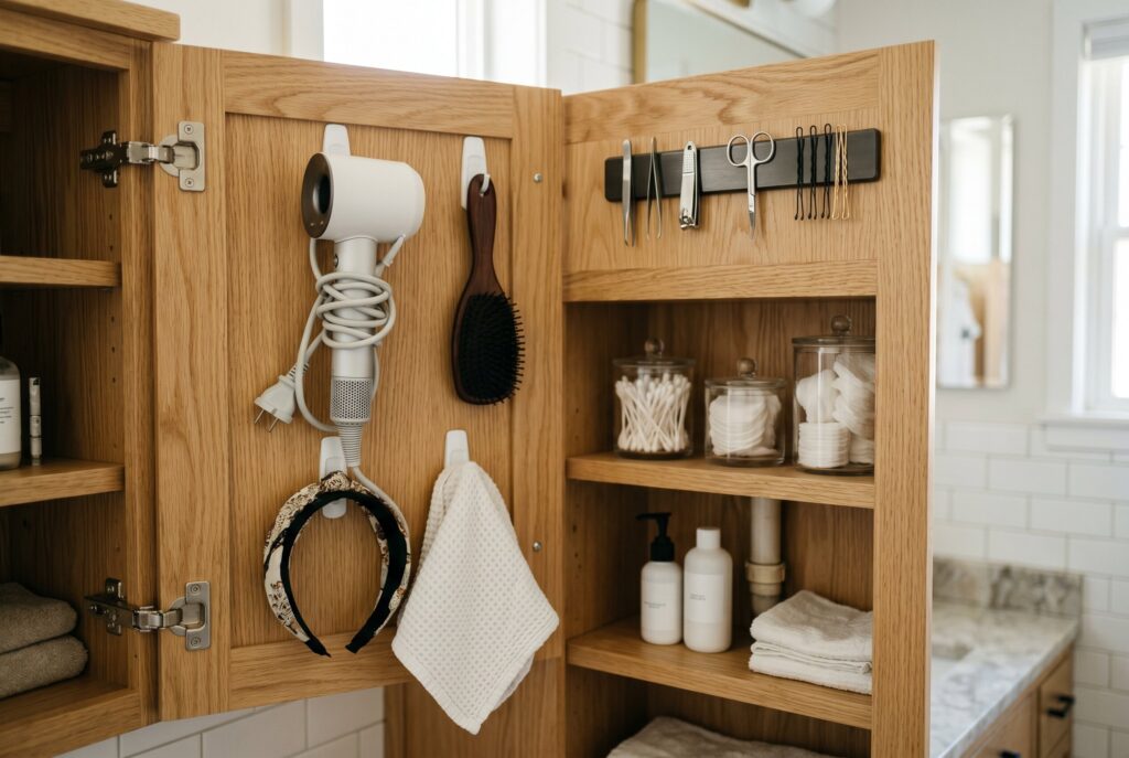 Bathroom cabinet door storage with hooks, magnetic strips, and organized grooming essentials. 