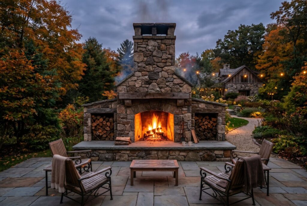 Large hearth wood burning outdoor fireplace with rustic stone patio and lounge seating.