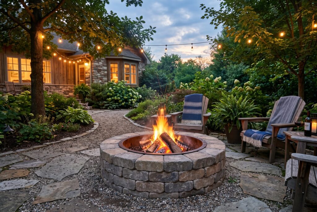 Interlocking paver diy fireplace fire pit with outdoor seating and warm string lighting. 