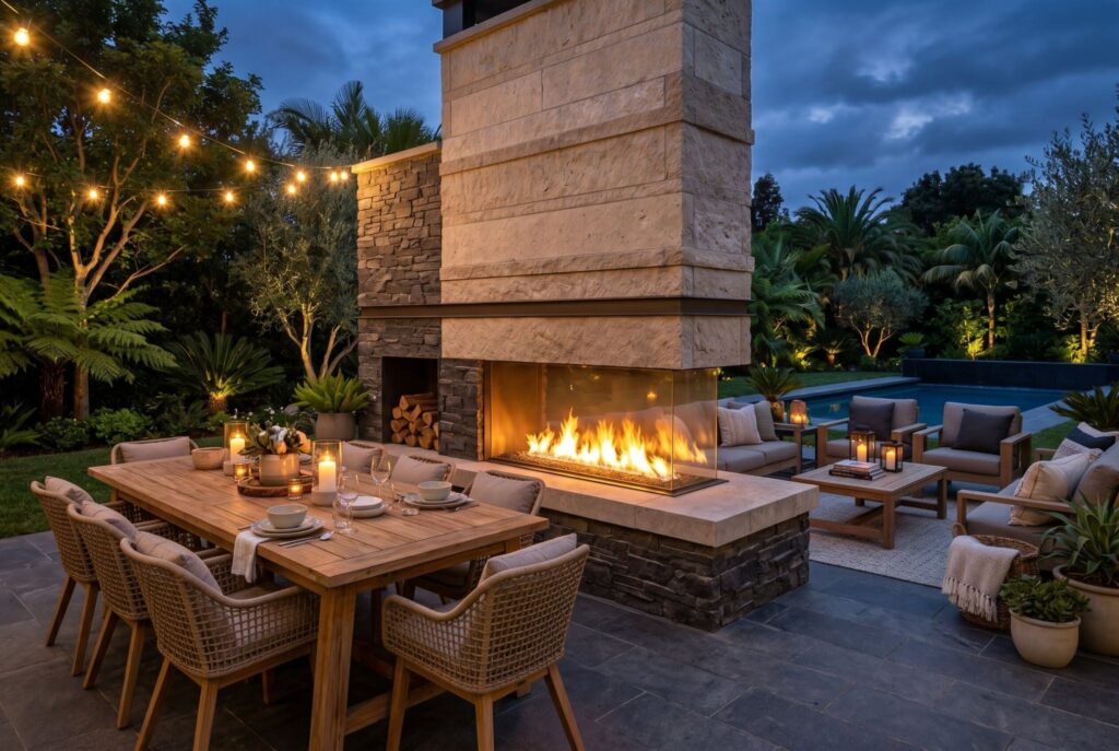 Double sided outdoor fireplace between dining patio and luxury backyard lounge.