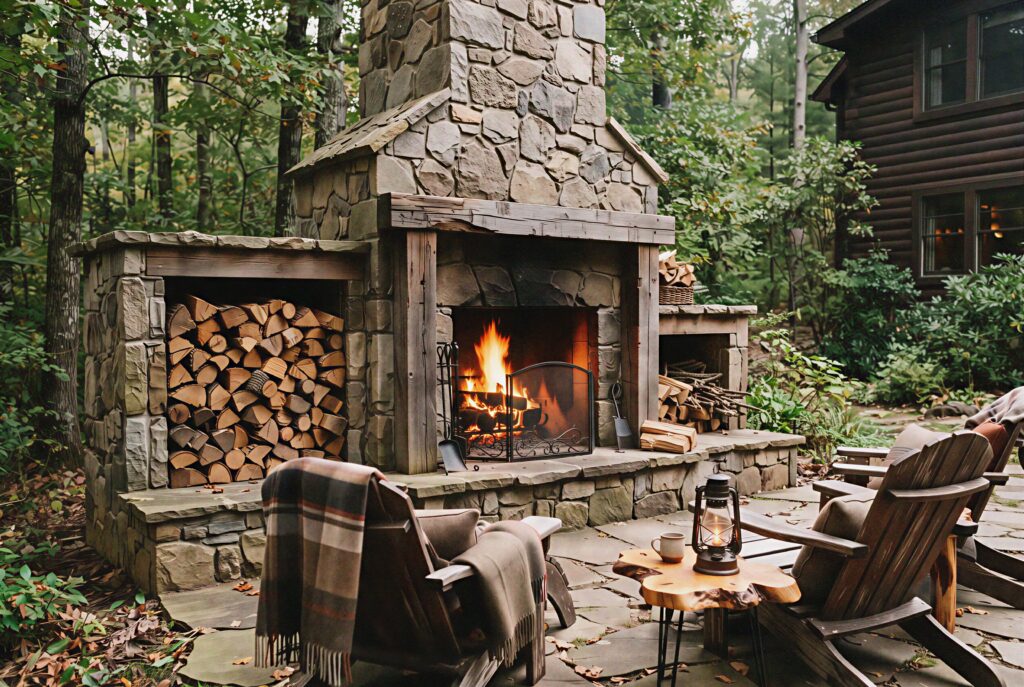 Rustic cabin style outdoor fireplace with built in log storage.