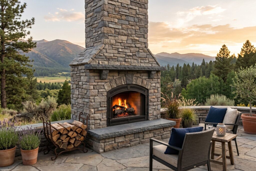 Faux stone veneer outdoor fireplace with mountain views and modern patio furniture.