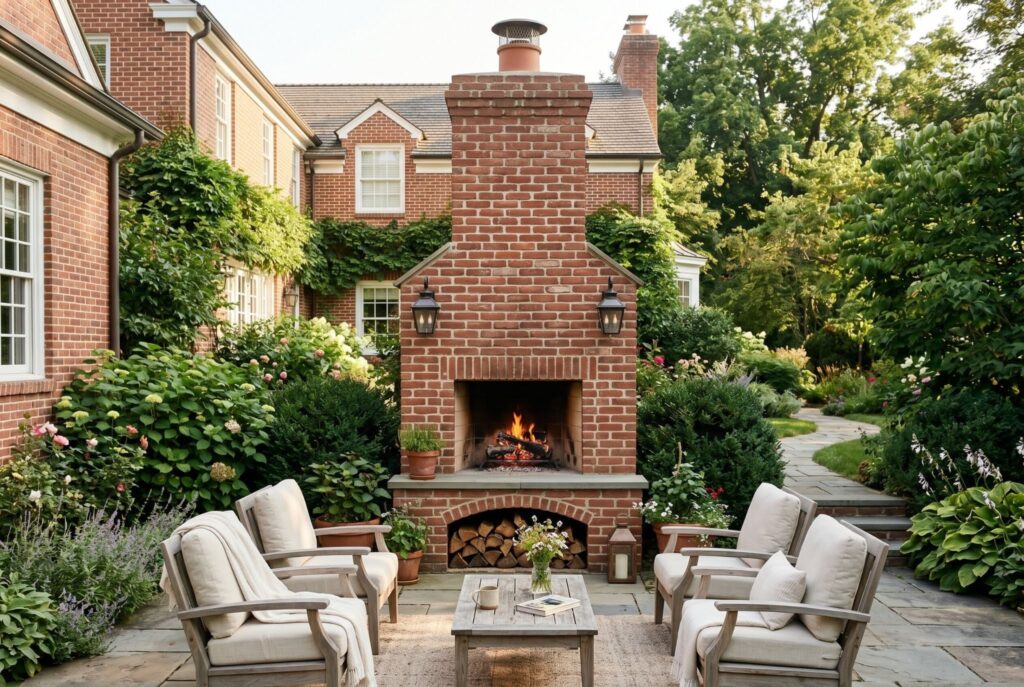 Classic red brick outdoor chimney with patio fireplace seating and garden landscaping.