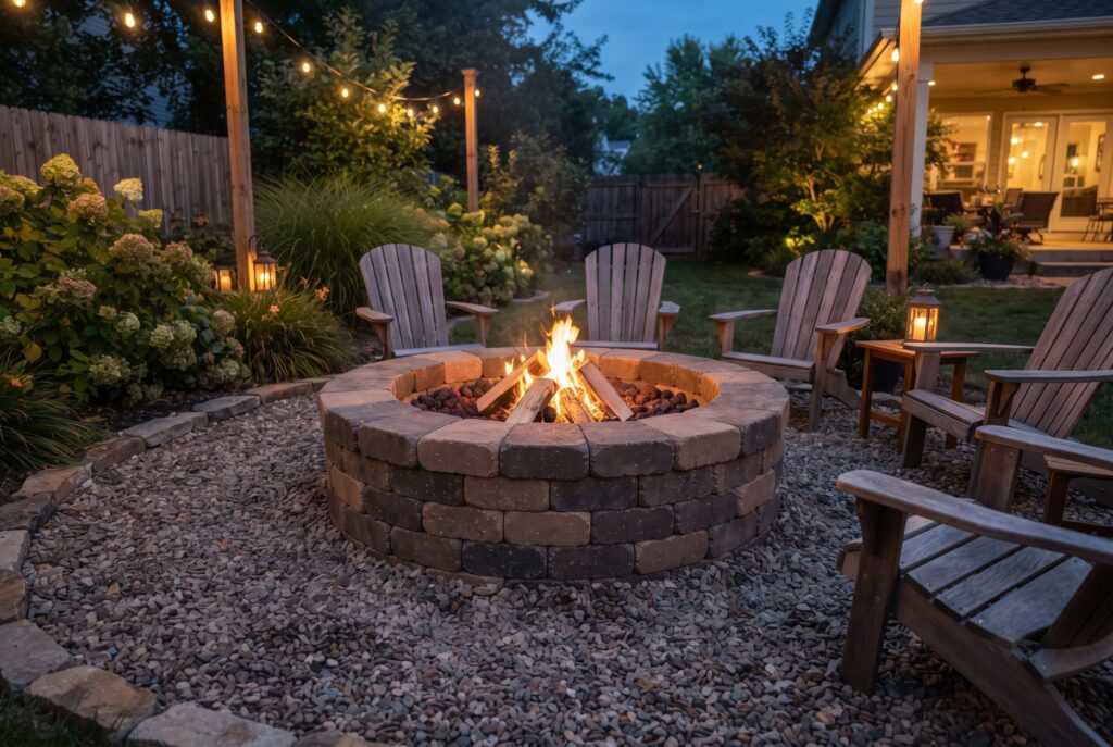 Paver stone diy fireplace fire pit with circular chairs and gravel backyard patio.