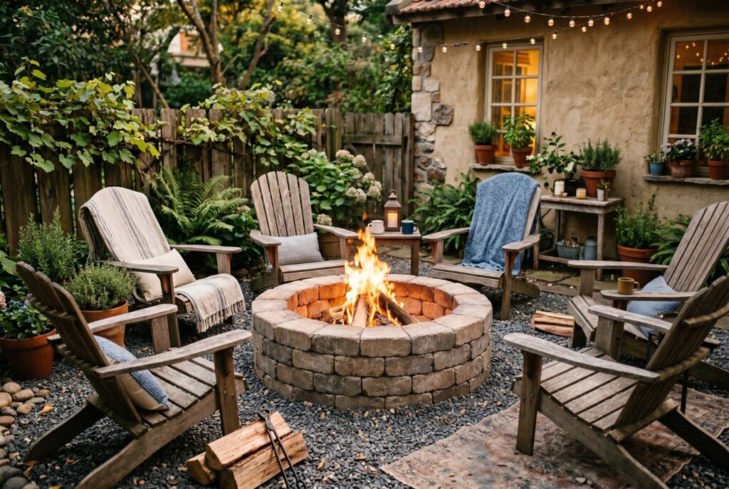 Paver stone diy fireplace fire pit with circular chairs and gravel backyard patio.
