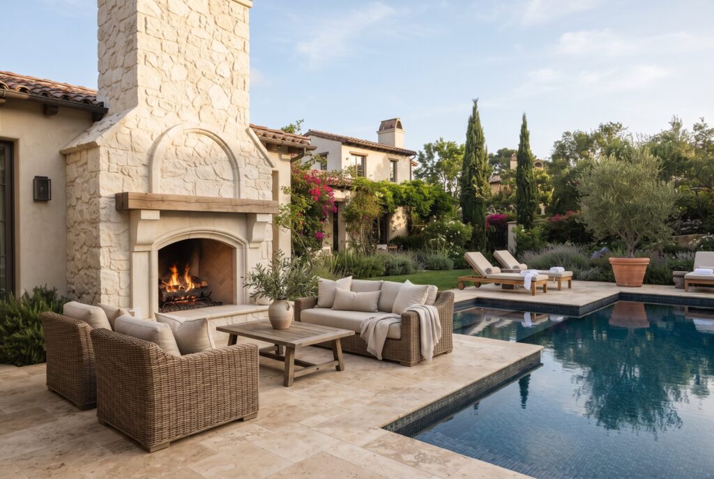 Massive limestone stone fireplace with luxury patio seating beside an elegant pool.