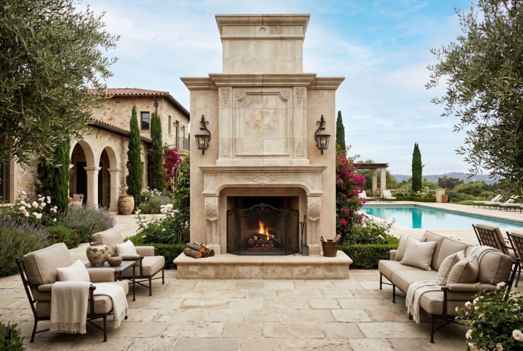 Massive limestone stone fireplace with luxury patio seating beside an elegant pool.