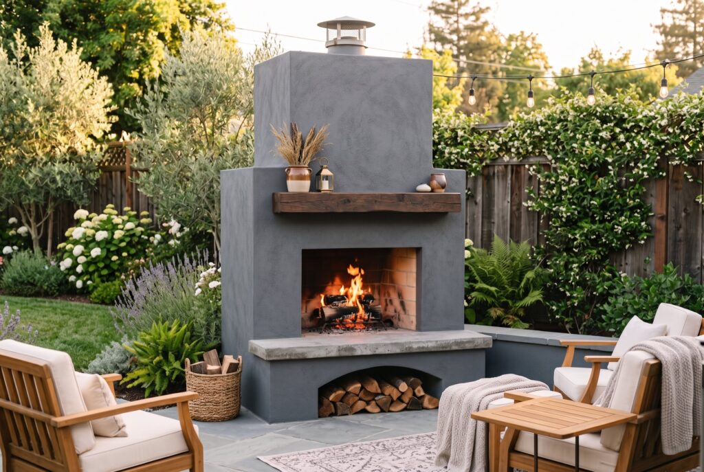 DIY outdoor fireplace with cinder block structure, stucco finish, and wood storage.