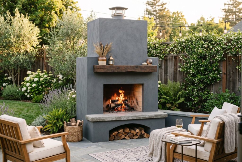 DIY outdoor fireplace with cinder block structure, stucco finish, and wood storage.