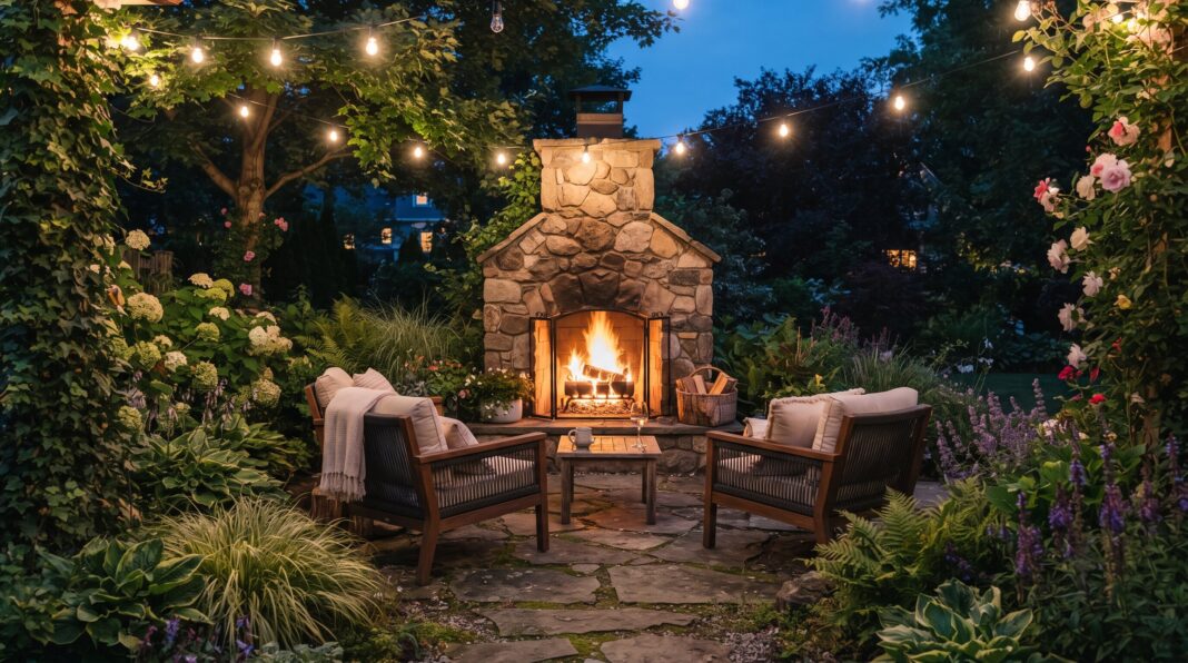 Stone outdoor fireplace with cozy backyard seating, garden plants, and warm evening firelight.