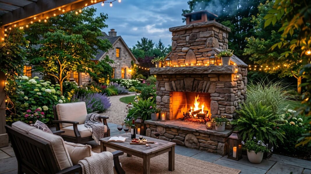 Stone outdoor fireplace with cozy backyard seating, garden plants, and warm evening firelight.