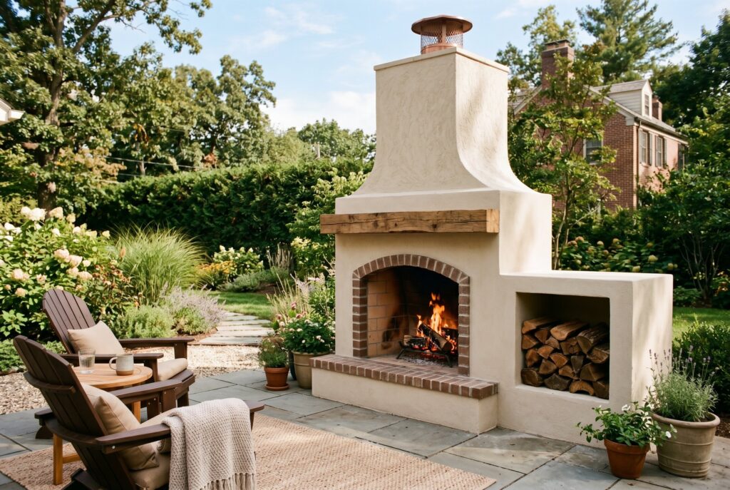 Classic cinder block outdoor fireplace with smooth stucco finish and built in wood storage. 