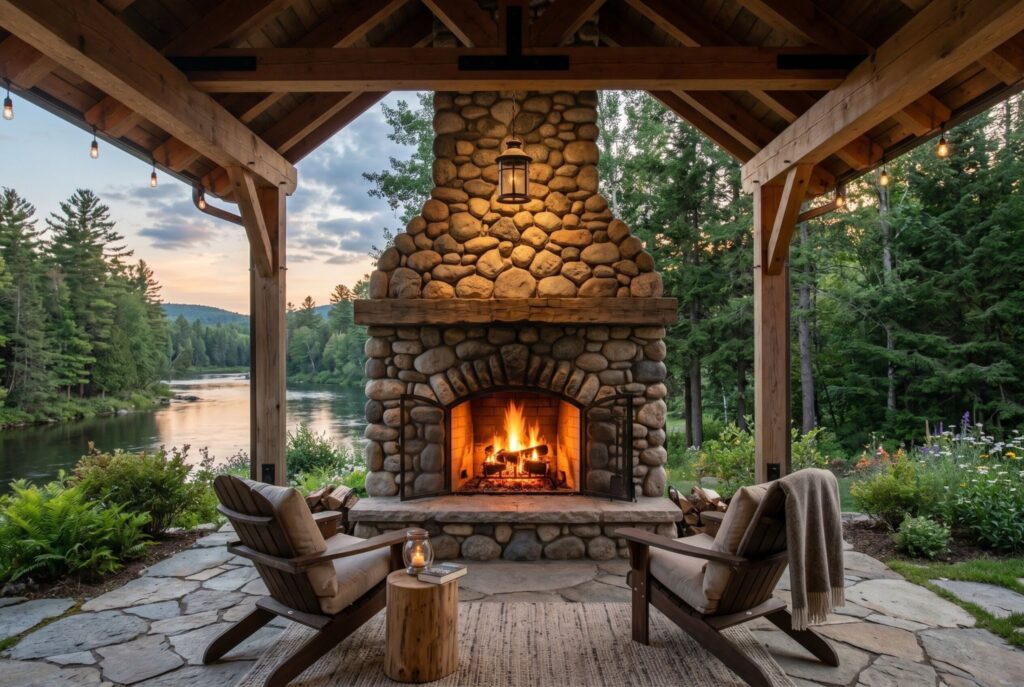 Floor to ceiling river stone outdoor fireplace under covered patio with lake view.
