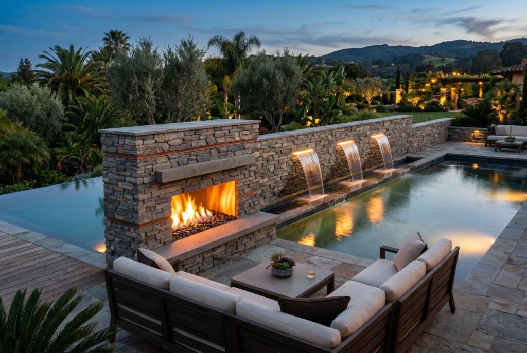Poolside outdoor fireplace with integrated water features and resort style backyard lounge.