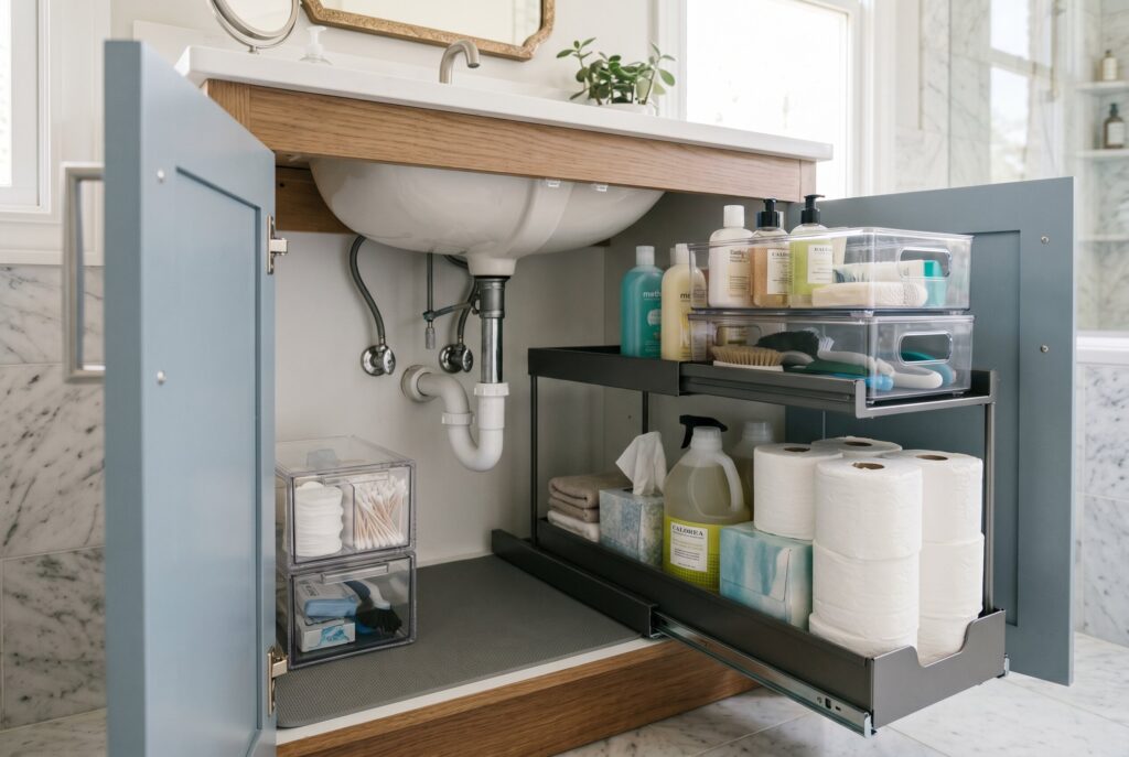 Modern toilet paper holder shelf with candle, wipes, and minimalist bathroom organization. 