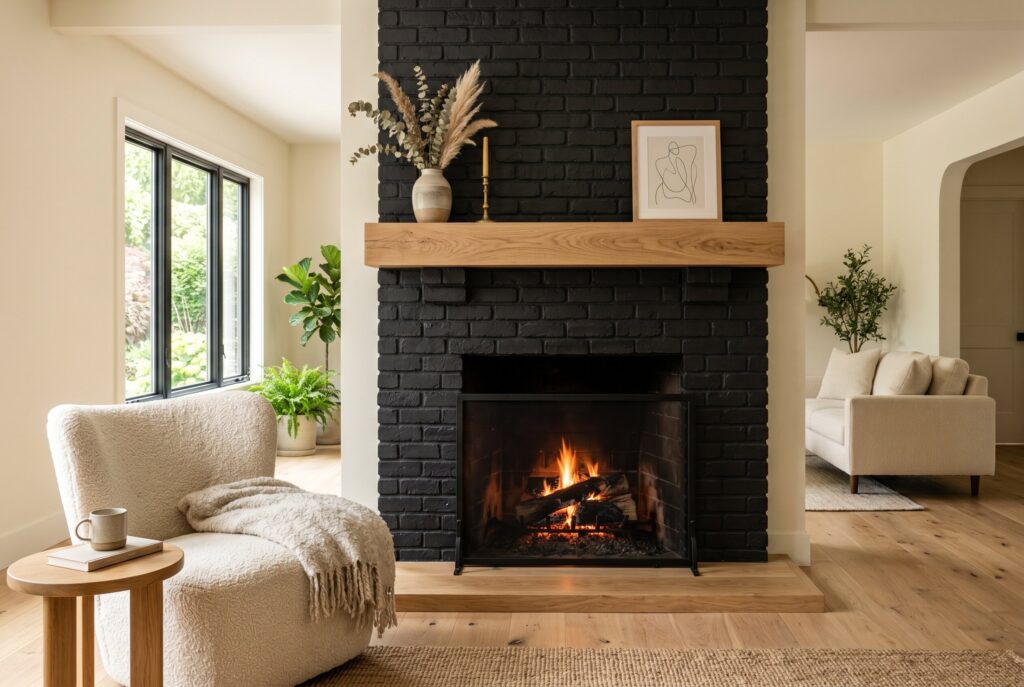 Matte black painted brick fireplace with white oak mantel and modern organic living room. 