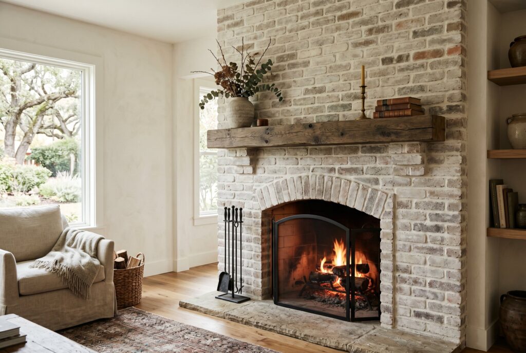 Whitewashed brick fireplace with framed artwork and rustic modern fireplace mantel styling. 