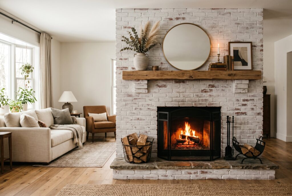Charcoal gray brick fireplace with dark walls and contemporary fireplace design ideas. 