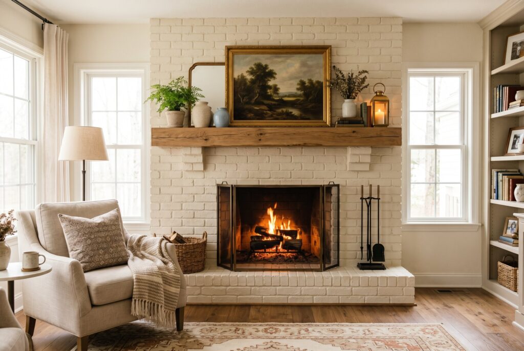 Soft greige painted fireplace ideas with round mirror and elegant fireplace mantel styling. 