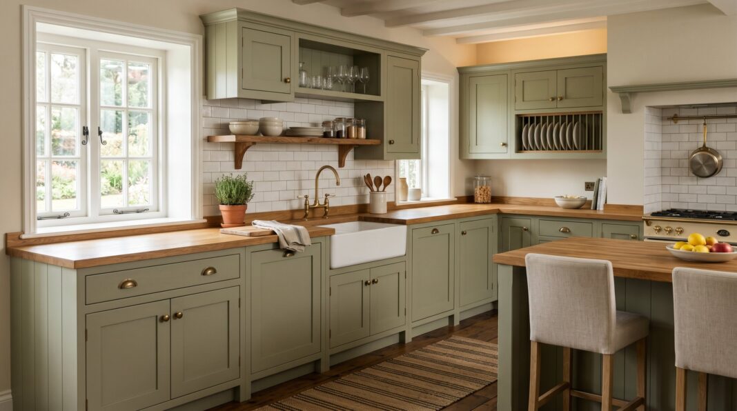 Traditional sage green kitchen with farmhouse sink, wood countertops, and warm rustic charm.