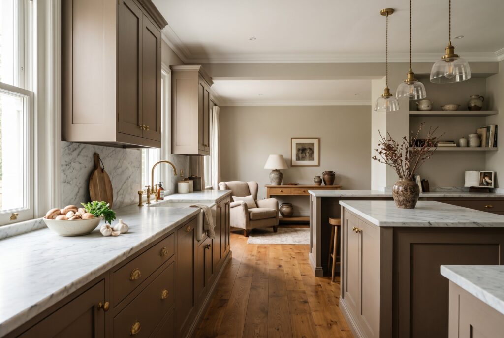 Sophisticated taupe kitchen with marble countertops, brass details, and cozy open-plan layout.