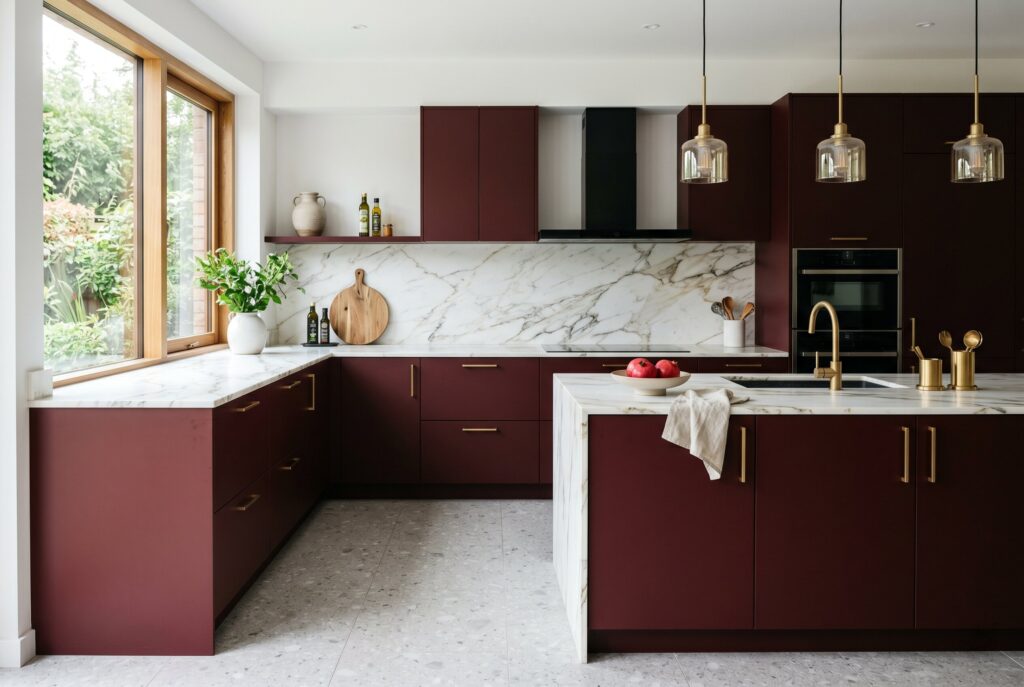 Modern kitchen with deep burgundy cabinets, marble backsplash, brass fixtures, and bright natural light. 